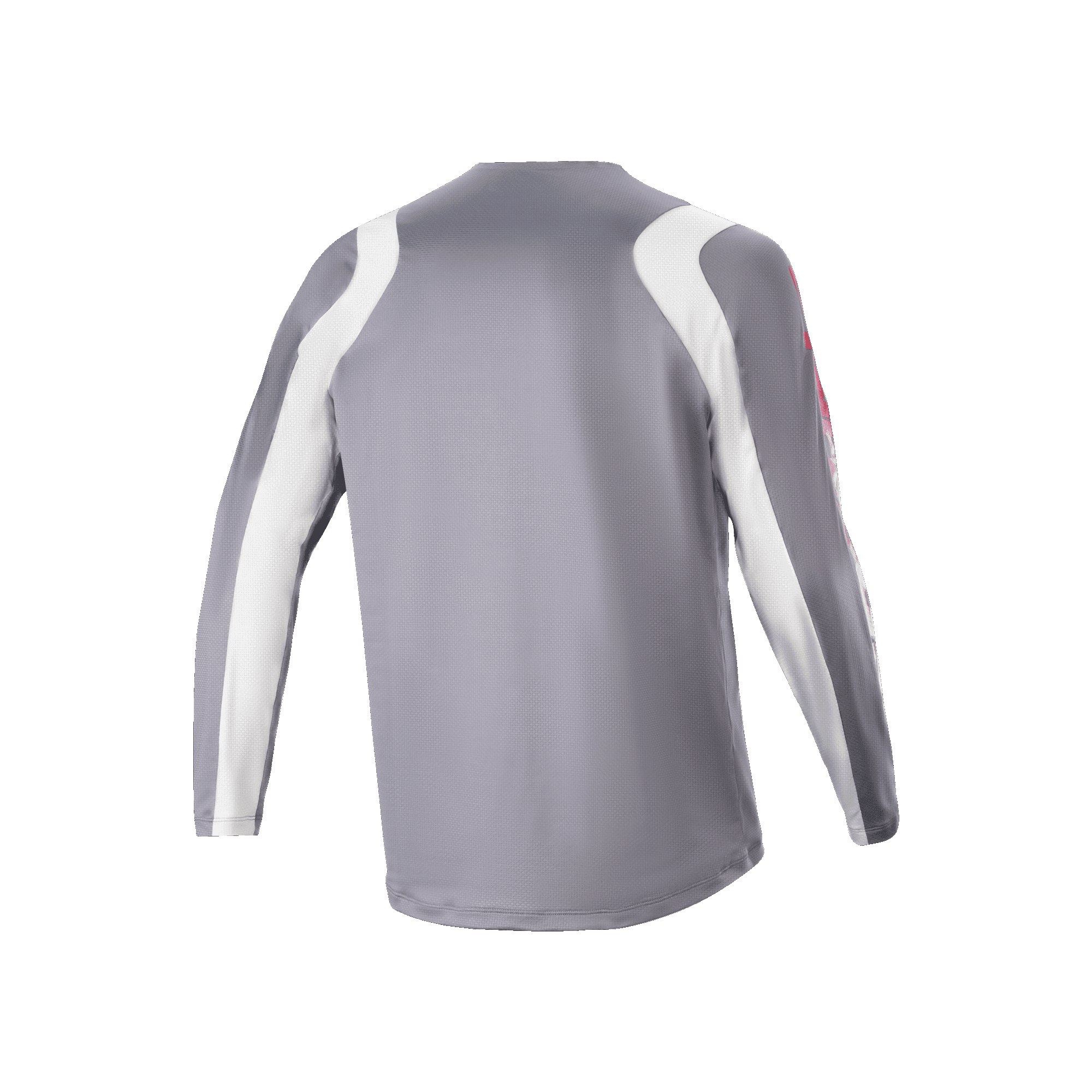 Jersey de manga larga Alpinestars A-Supra Astar, gris oscuro y blanco, vista posterior que muestra la textura de malla ventilada y la cola extendida, equipamiento de ciclismo de alto rendimiento para MTB
