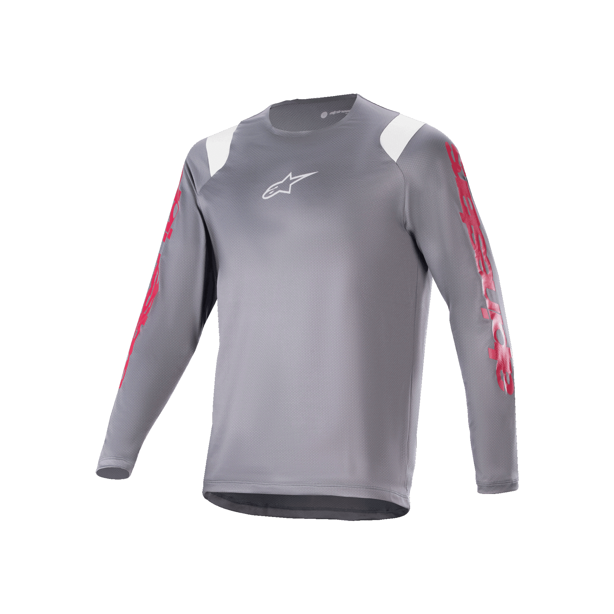 Alpinestars A-Supra Astar Jersey de manga larga, jersey de MTB gris oscuro con gráficos rojos en las mangas y detalles blancos en los hombros, logo Astars blanco en el pecho, ropa de ciclismo de alto rendimiento para mountain bike