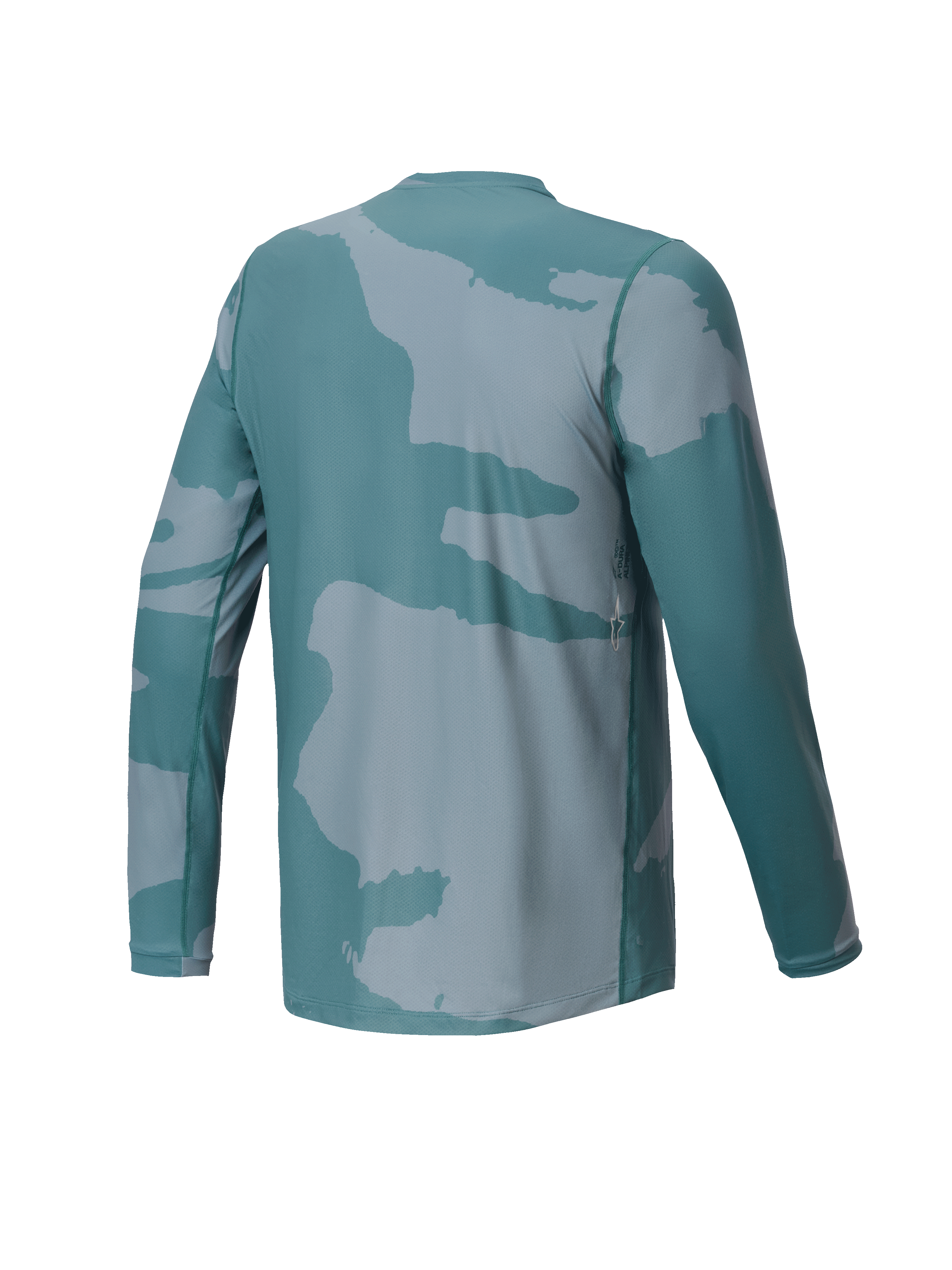 Jersey Alpinestars Youth A-Dura Hollow Camo, jersey de MTB de manga larga, verde Silver Pine Camo, vista trasera con un pequeño detalle del logo y cola caída para mayor cobertura al pedalear