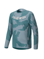 Alpinestars Youth A-Dura Hollow Camo Jersey, jersey de MTB de manga larga, Silver Pine Camo con patrones en verde azulado y gris, gráfico 'astars' blanco en el pecho, tejido de alto rendimiento para ciclismo de montaña juvenil