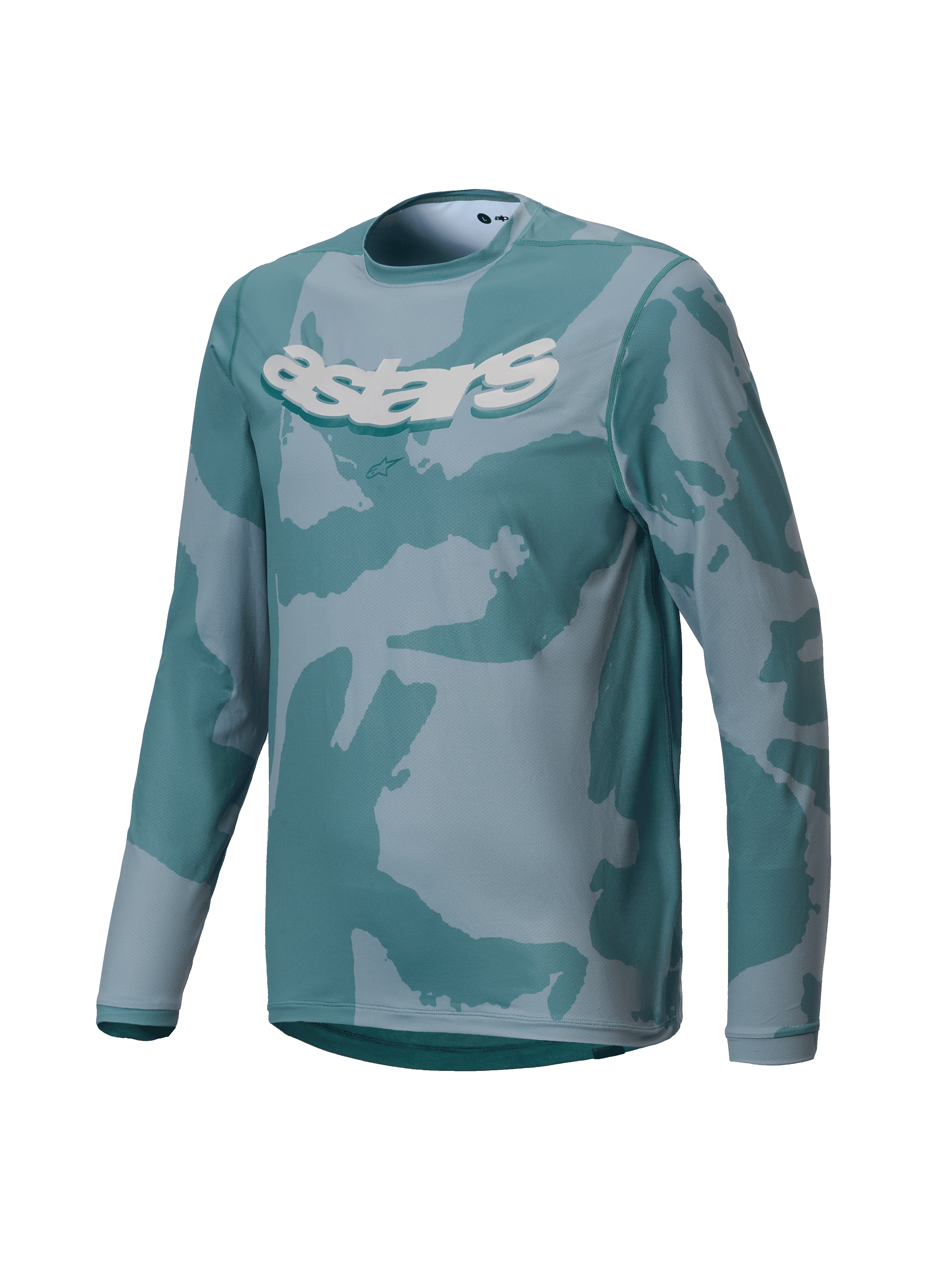 Alpinestars Youth A-Dura Hollow Camo Jersey, jersey de MTB de manga larga, Silver Pine Camo con patrones en verde azulado y gris, gráfico 'astars' blanco en el pecho, tejido de alto rendimiento para ciclismo de montaña juvenil