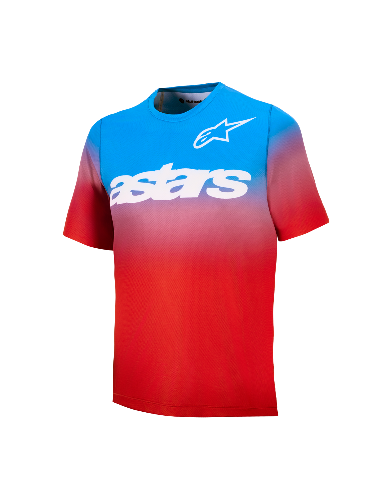 Jersey MTB Youth A-Dura Astars 2.0, degradado azul y rojo de manga corta con logotipos y marca en blanco.