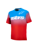 Jersey MTB Youth A-Dura Astars 2.0, degradado azul y rojo de manga corta con logotipos y marca en blanco.