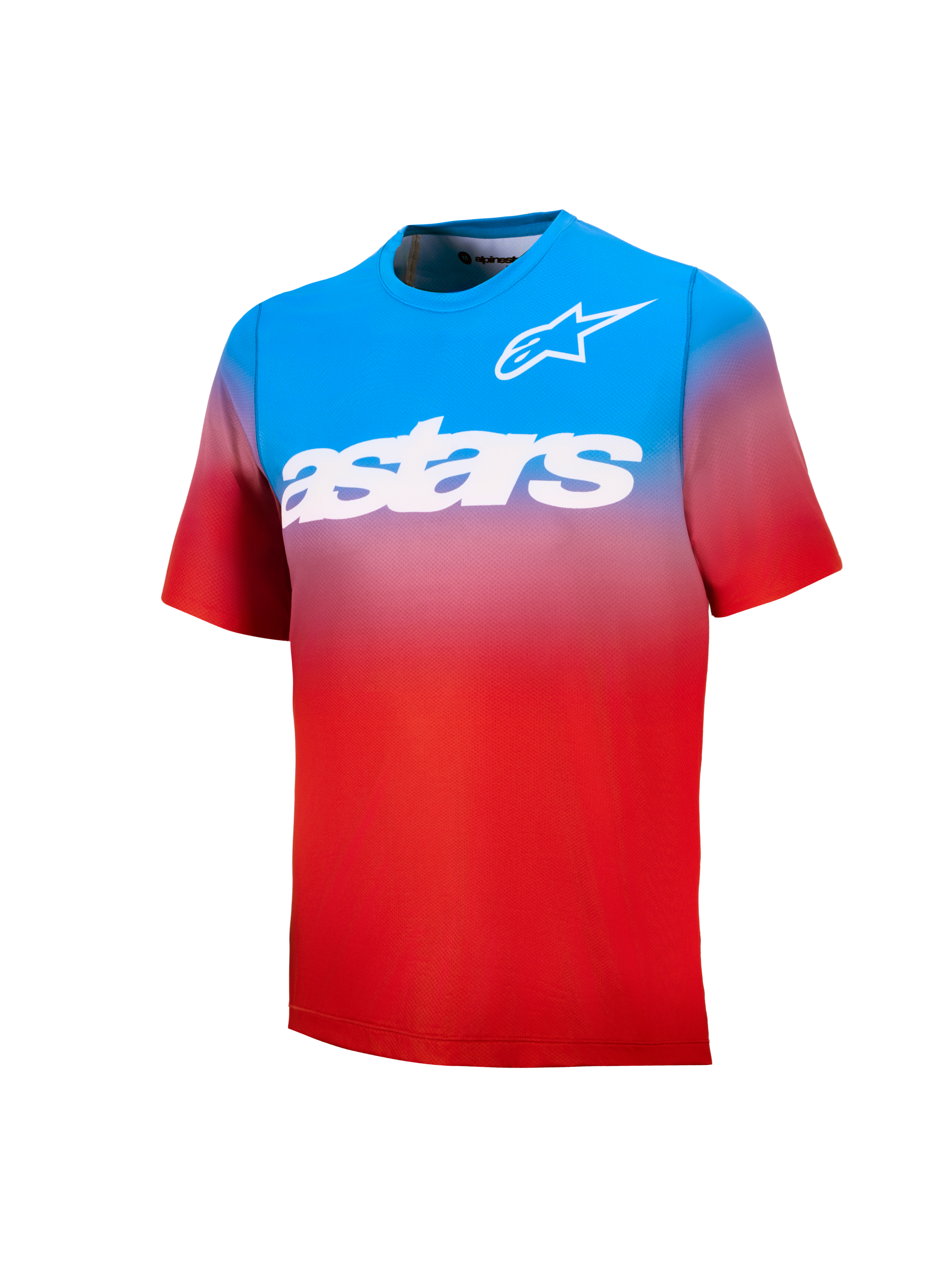 Jersey MTB Youth A-Dura Astars 2.0, degradado azul y rojo de manga corta con logotipos y marca en blanco.