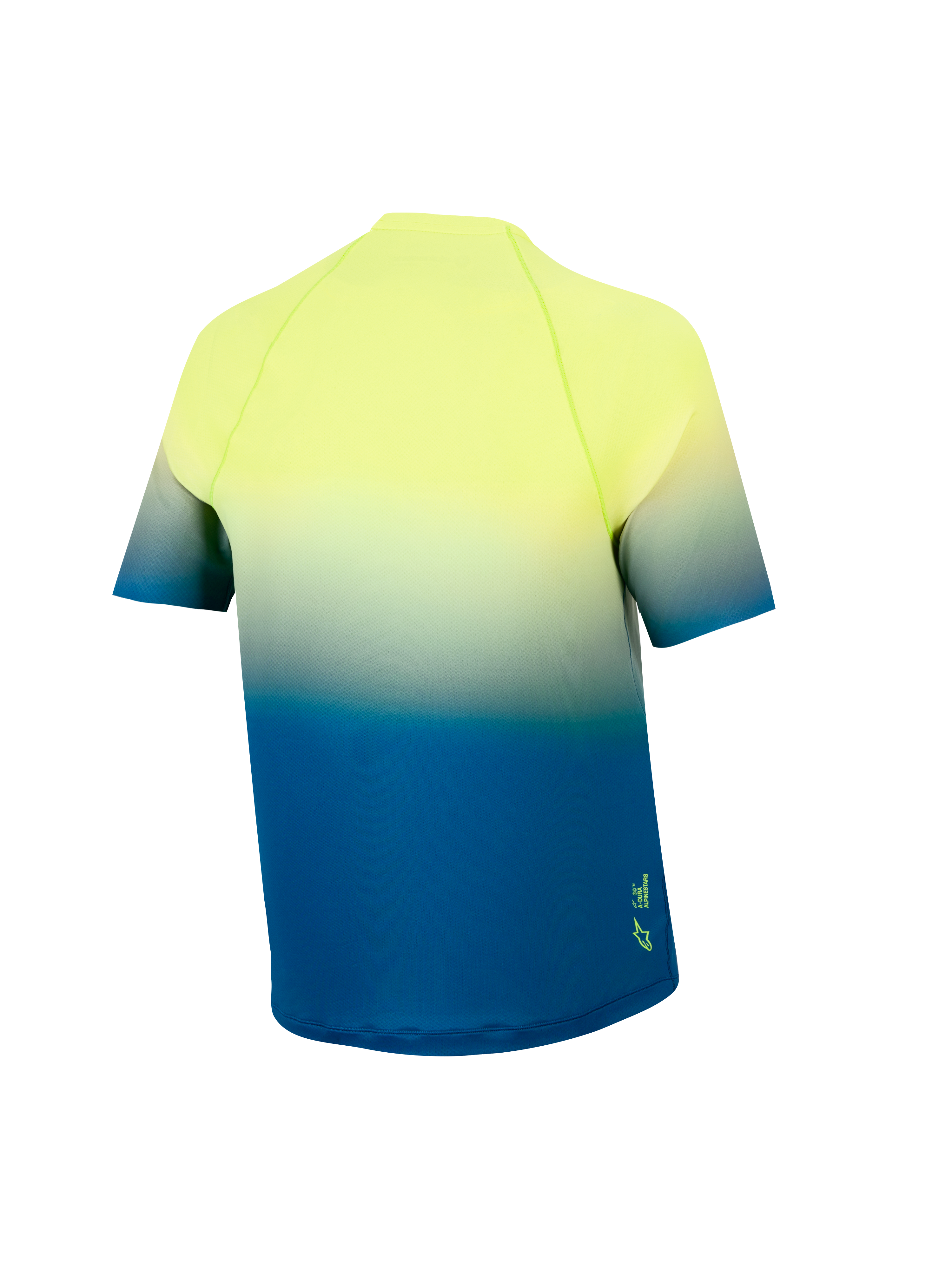 Jersey MTB Adolescente A-Dura Astars 2.0 con degradado amarillo a azul, manga corta y vista trasera con cola caída.