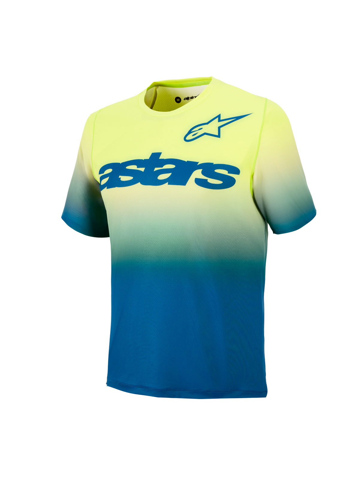 Jersey MTB Alpinestars A-Dura Astars 2.0, manga corta con degradado amarillo y azul y logotipos azules en el pecho.