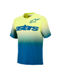 Jersey MTB Alpinestars A-Dura Astars 2.0, manga corta con degradado amarillo y azul y logotipos azules en el pecho.