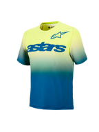 Jersey MTB Alpinestars A-Dura Astars 2.0, manga corta con degradado amarillo y azul y logotipos azules en el pecho.
