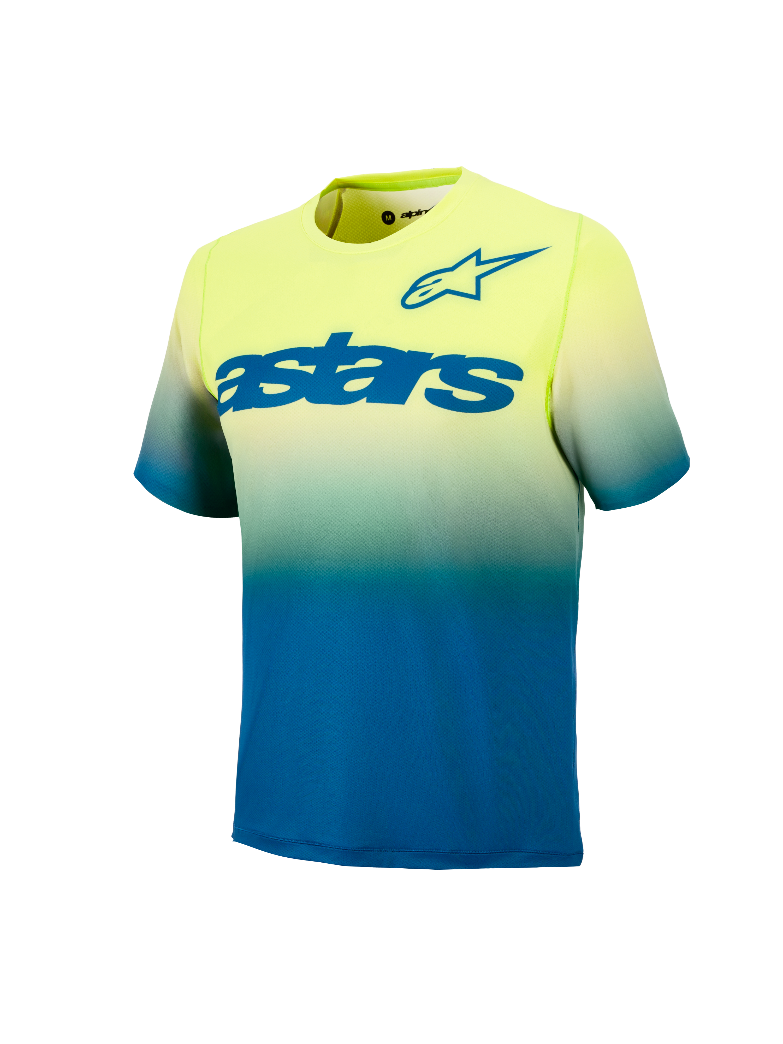 Jersey MTB Alpinestars A-Dura Astars 2.0, manga corta con degradado amarillo y azul y logotipos azules en el pecho.