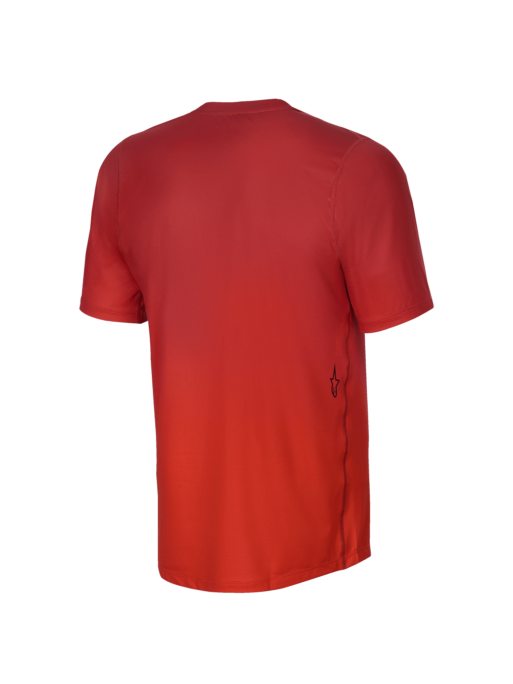 Jersey de manga corta Alpinestars Youth A-Dura Rise, vista trasera, color Spicy Orange, con textura de tejido jacquard, un pequeño logotipo negro de Astars en el lateral inferior y dobladillo trasero más largo para mayor cobertura en ciclismo de montaña.