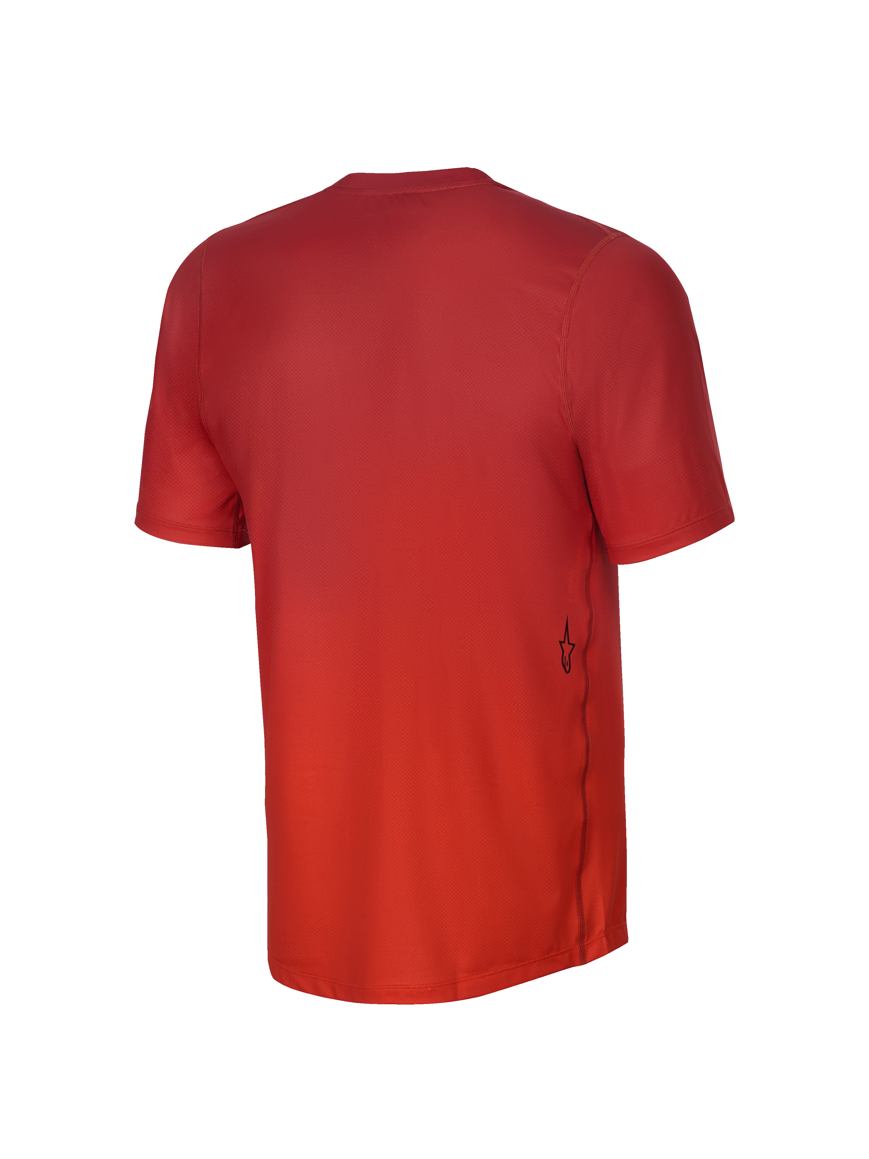 Jersey de manga corta Alpinestars Youth A-Dura Rise, vista trasera, color Spicy Orange, con textura de tejido jacquard, un pequeño logotipo negro de Astars en el lateral inferior y dobladillo trasero más largo para mayor cobertura en ciclismo de montaña.
