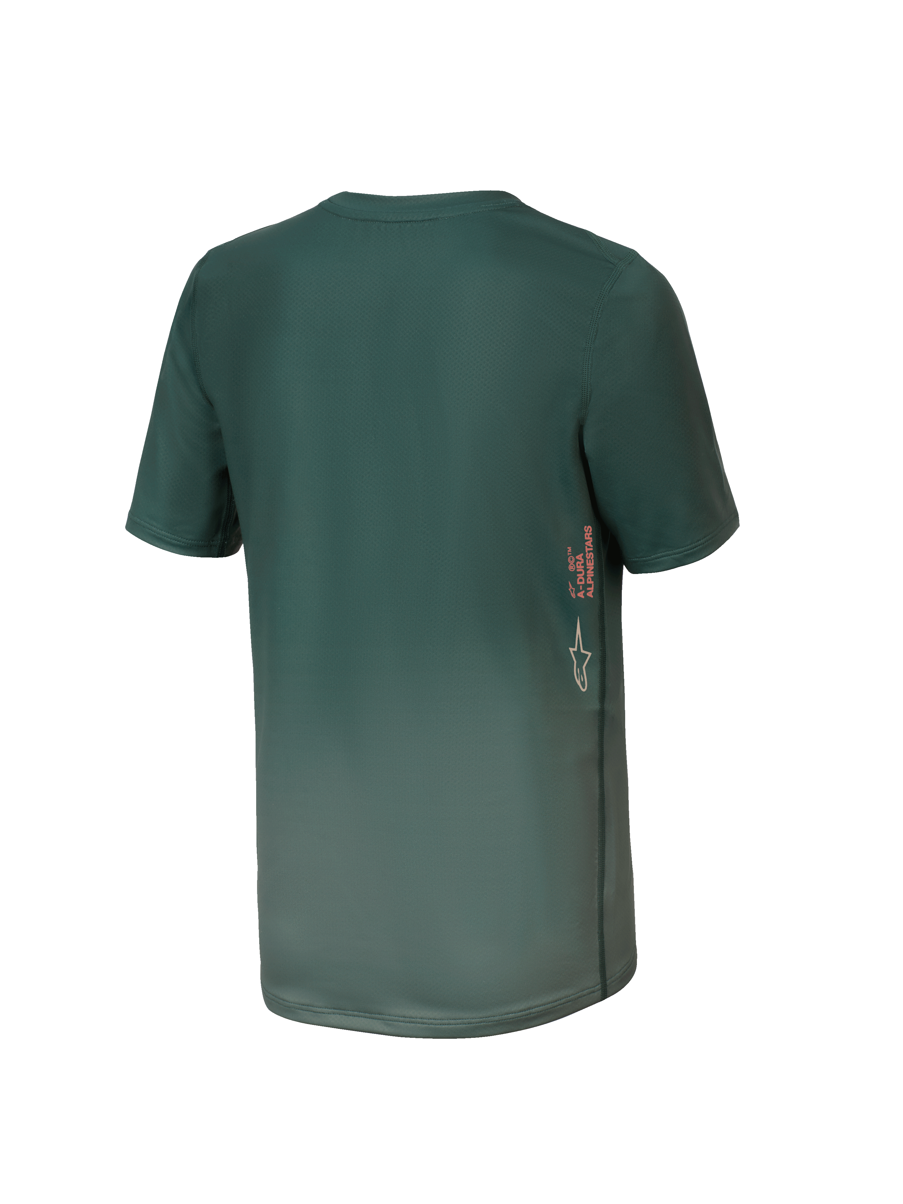 Jersey Alpinestars Youth A-Dura Rise, camiseta de MTB de manga corta, verde Silver Pine, vista trasera con logotipos verticales A-DURA y Astars en el lateral, dobladillo trasero más largo y tejido técnico que absorbe la humedad