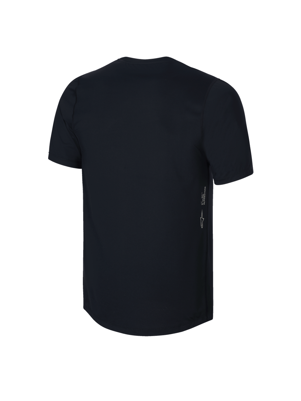 Jersey de manga corta Alpinestars Youth A-Dura, negro, vista posterior con logotipo Astars vertical y marca A-DURA en el lateral, tejido técnico transpirable para MTB juvenil, diseño de cola extendida para mayor cobertura