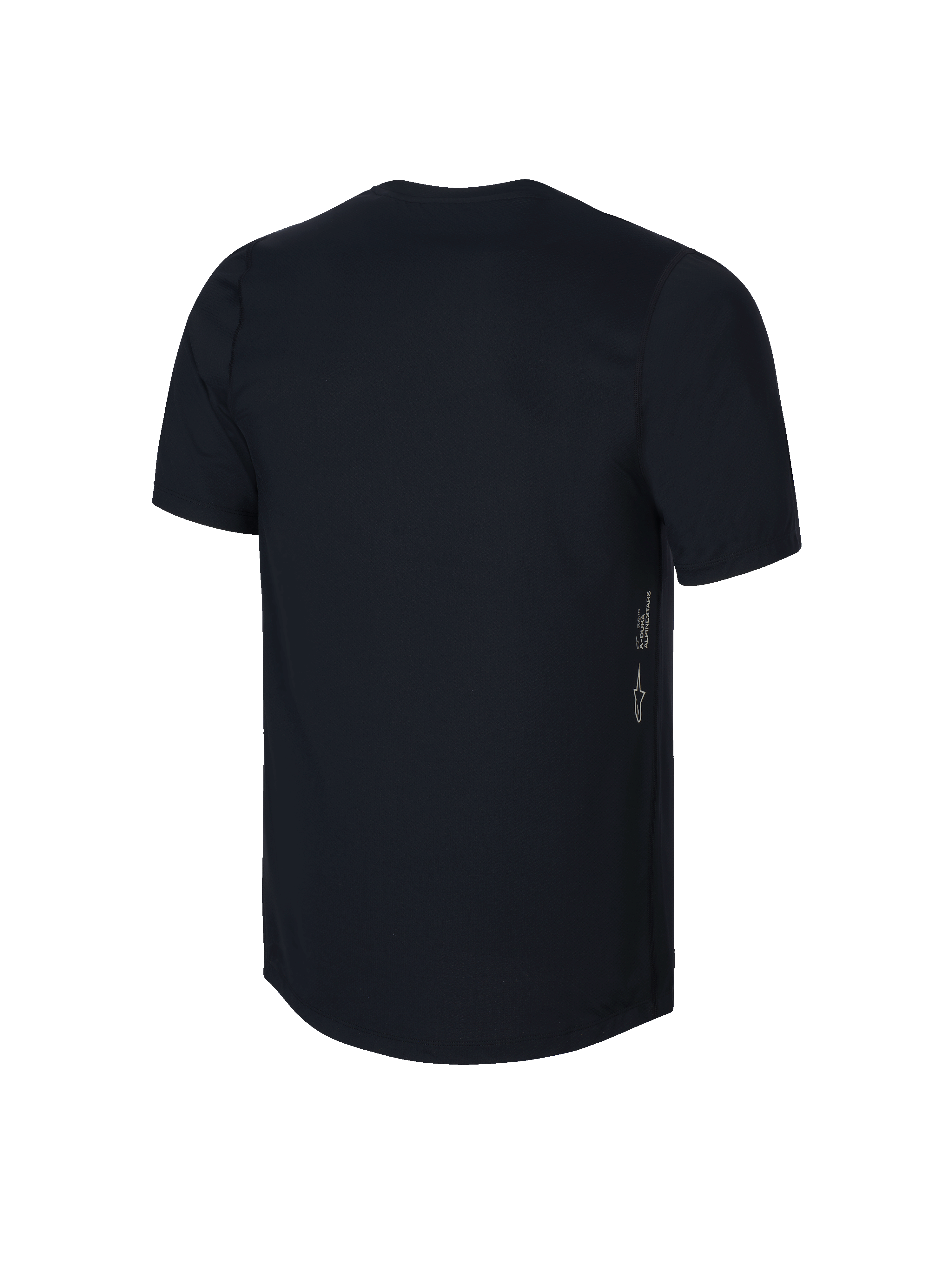 Jersey de manga corta Alpinestars Youth A-Dura, negro, vista posterior con logotipo Astars vertical y marca A-DURA en el lateral, tejido técnico transpirable para MTB juvenil, diseño de cola extendida para mayor cobertura