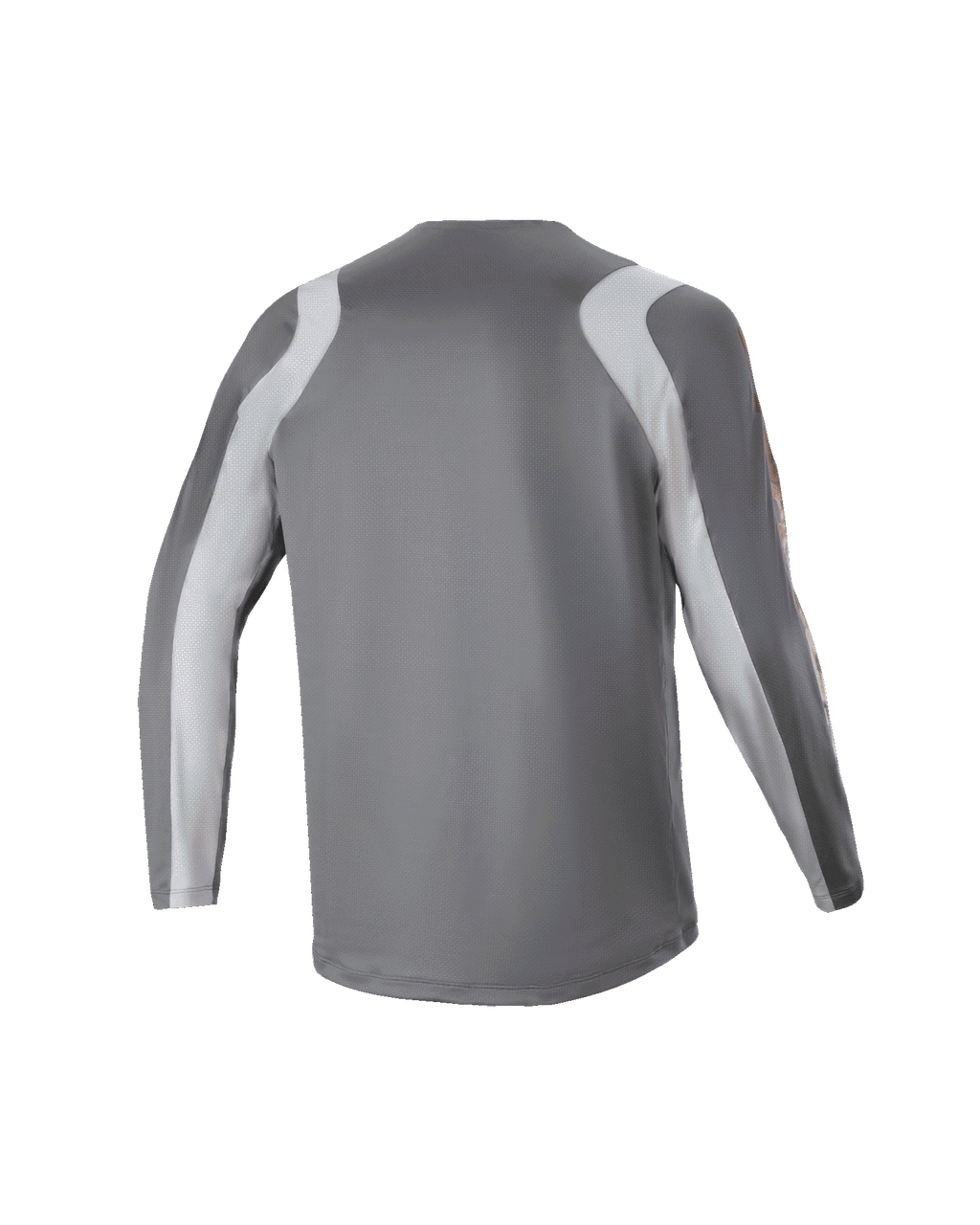 Jersey de manga larga Alpinestars A Supra Astar Juvenil, vista posterior, gris oscuro con paneles en hombros y brazos en gris claro, jersey de MTB con ajuste de rendimiento, tejido de poliéster transpirable para ciclismo de gravedad