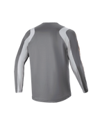 Jersey de manga larga Alpinestars A Supra Astar Juvenil, vista posterior, gris oscuro con paneles en hombros y brazos en gris claro, jersey de MTB con ajuste de rendimiento, tejido de poliéster transpirable para ciclismo de gravedad