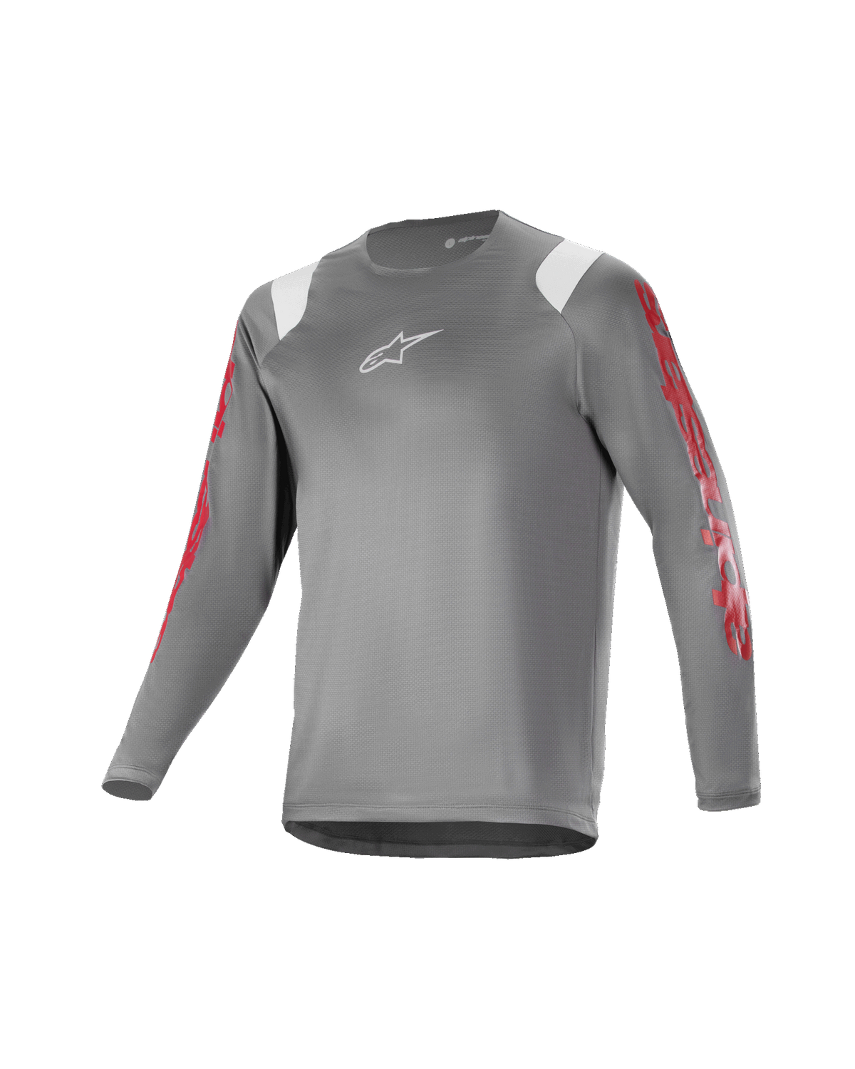 Alpinestars Youth A Supra Astar Jersey, camiseta juvenil de manga larga, gris oscuro con detalles blancos en los hombros y logotipos rojos en las mangas, logo blanco en el pecho, tejido técnico transpirable, cuello redondo, ajuste atlético de alto rendimiento para ciclismo de montaña