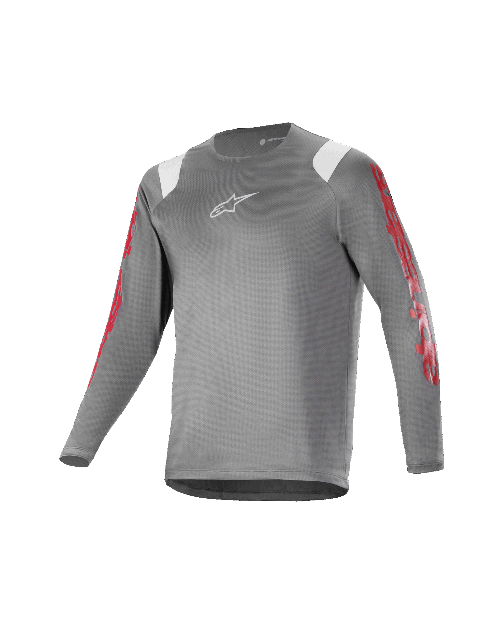 Alpinestars Youth A Supra Astar Jersey, camiseta juvenil de manga larga, gris oscuro con detalles blancos en los hombros y logotipos rojos en las mangas, logo blanco en el pecho, tejido técnico transpirable, cuello redondo, ajuste atlético de alto rendimiento para ciclismo de montaña
