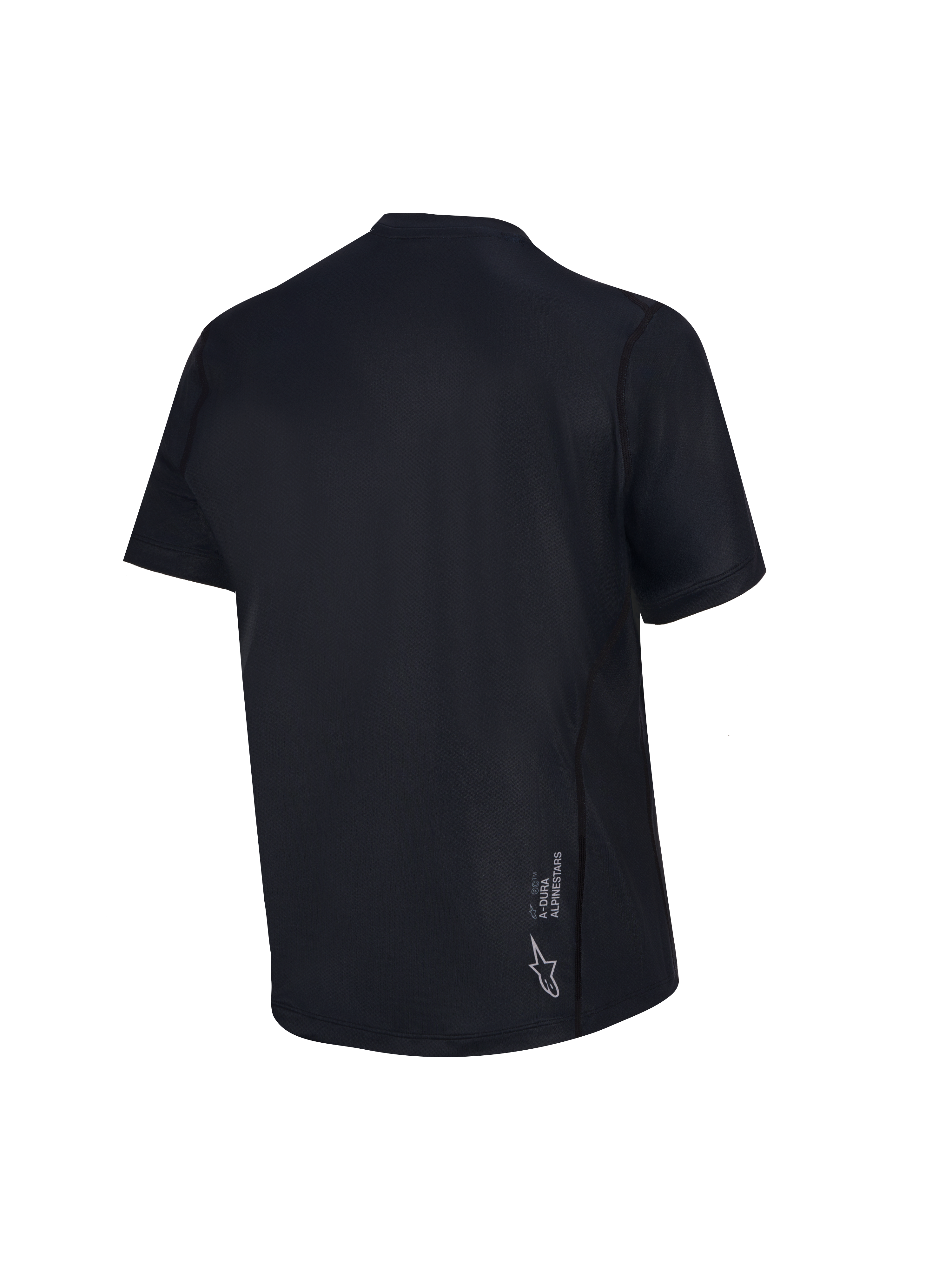 Jersey Stella A-Dura Ride para mujer, vista trasera negra de manga corta para MTB con logotipo Astars blanco.