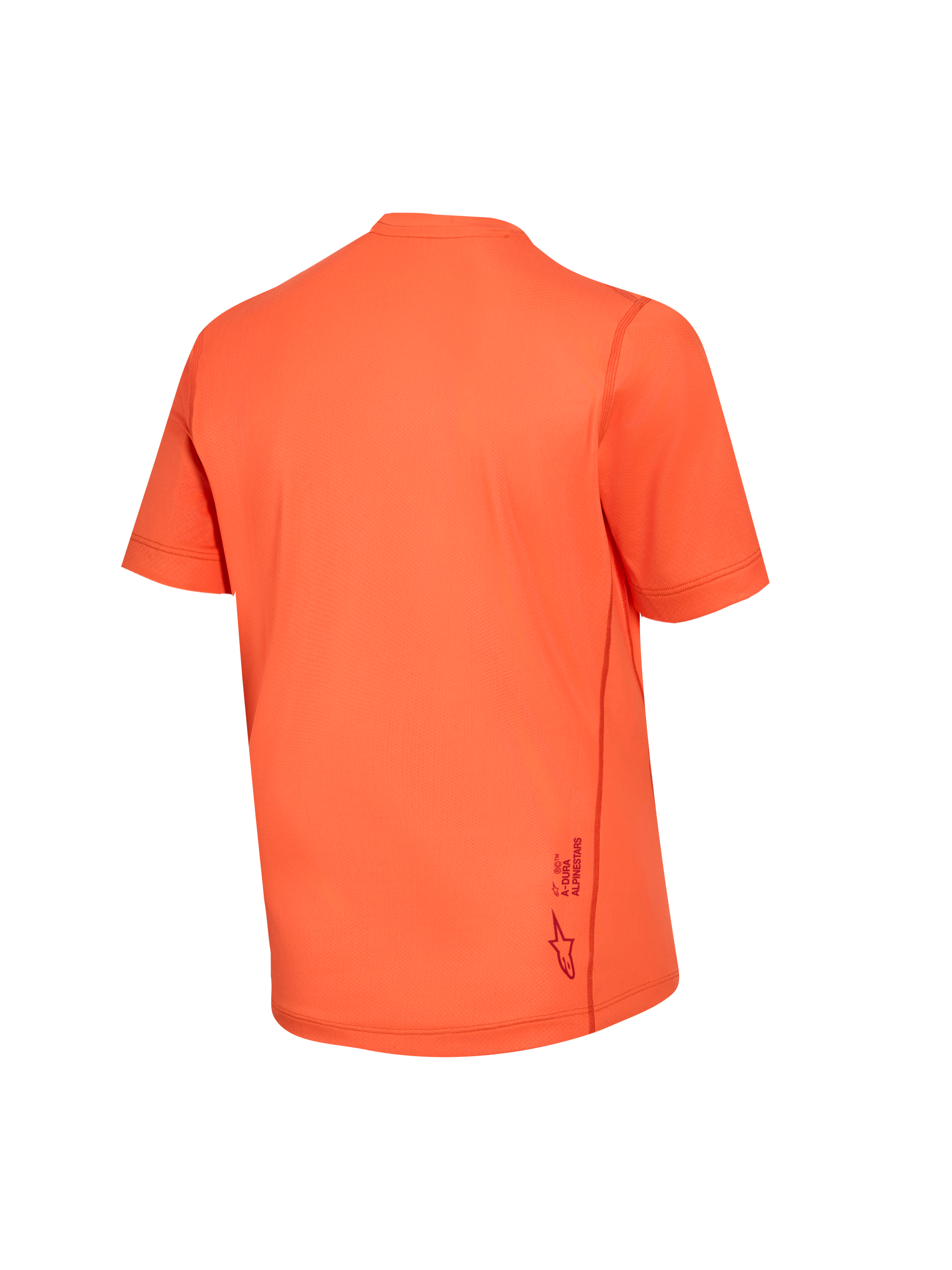 Jersey Stella A-Dura Ride naranja para mujer, vista trasera, tejido jacquard técnico y detalle del logotipo inferior.