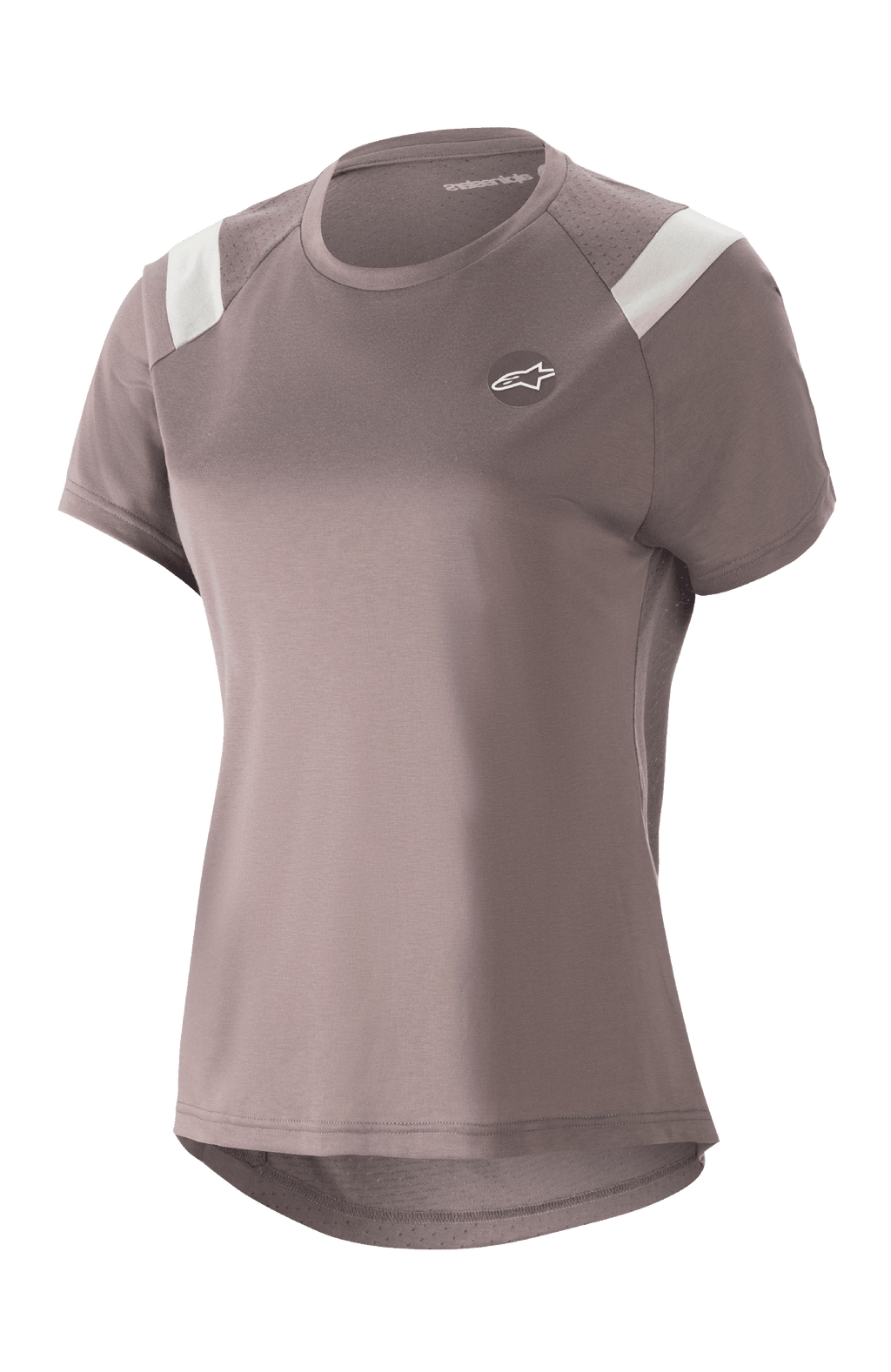 Alpinestars Stella Alps Escape Jersey para mujer, camiseta de MTB de manga corta, gris Sparrow con detalles blancos en los hombros, paneles de malla perforada para transpirabilidad, dobladillo trasero curvado, pequeño logo circular Astar en el pecho y ajuste deportivo casual para ciclismo de montaña