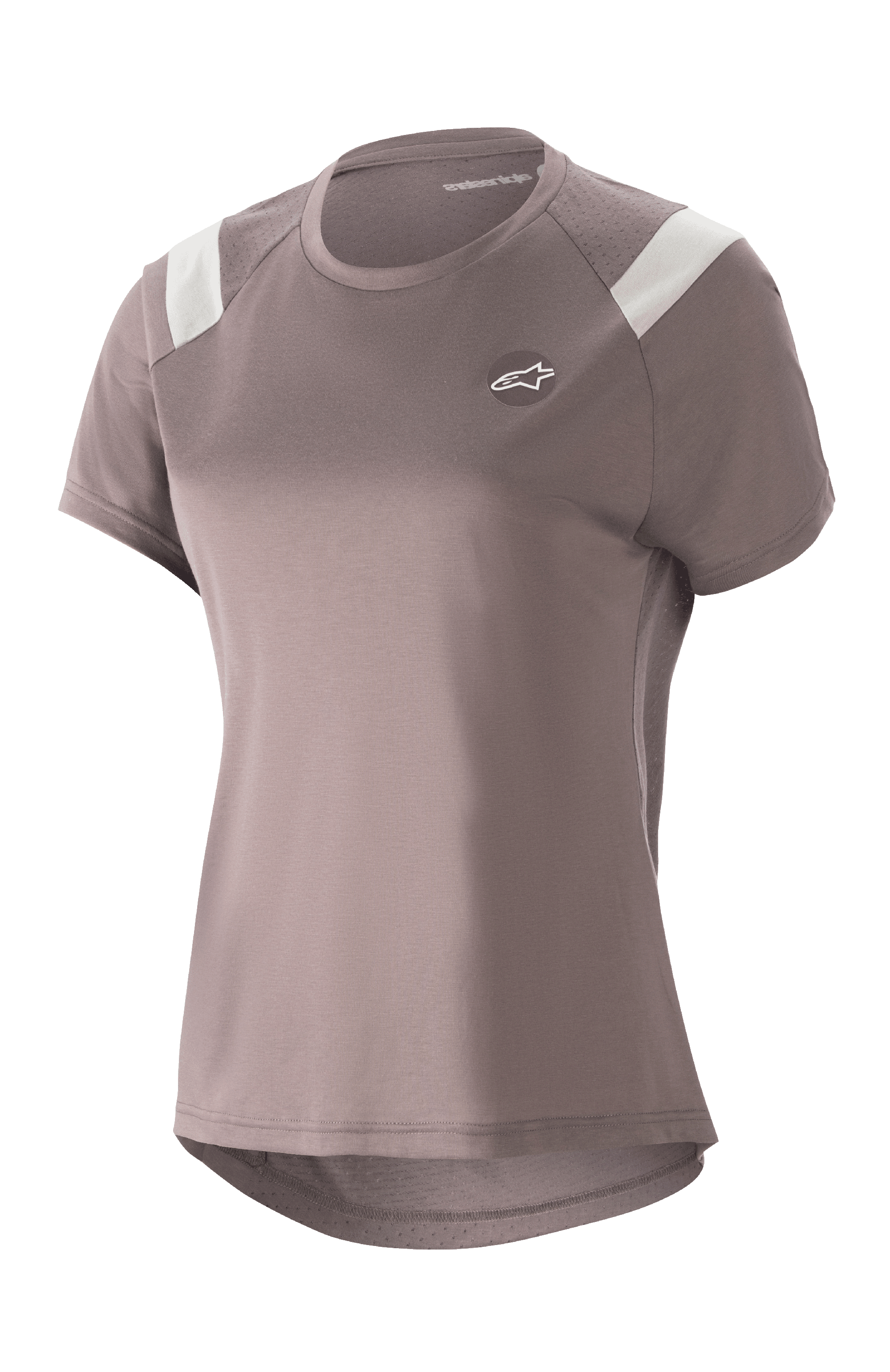 Alpinestars Stella Alps Escape Jersey para mujer, camiseta de MTB de manga corta, gris Sparrow con detalles blancos en los hombros, paneles de malla perforada para transpirabilidad, dobladillo trasero curvado, pequeño logo circular Astar en el pecho y ajuste deportivo casual para ciclismo de montaña