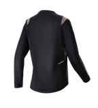 Jersey Alpinestars Stella Alps Escape de manga larga para mujer, negro con detalles grises en los hombros, vista trasera que muestra el panel de malla perforada para ventilación y un pequeño logotipo de Alpinestars, equipamiento de ciclismo de montaña