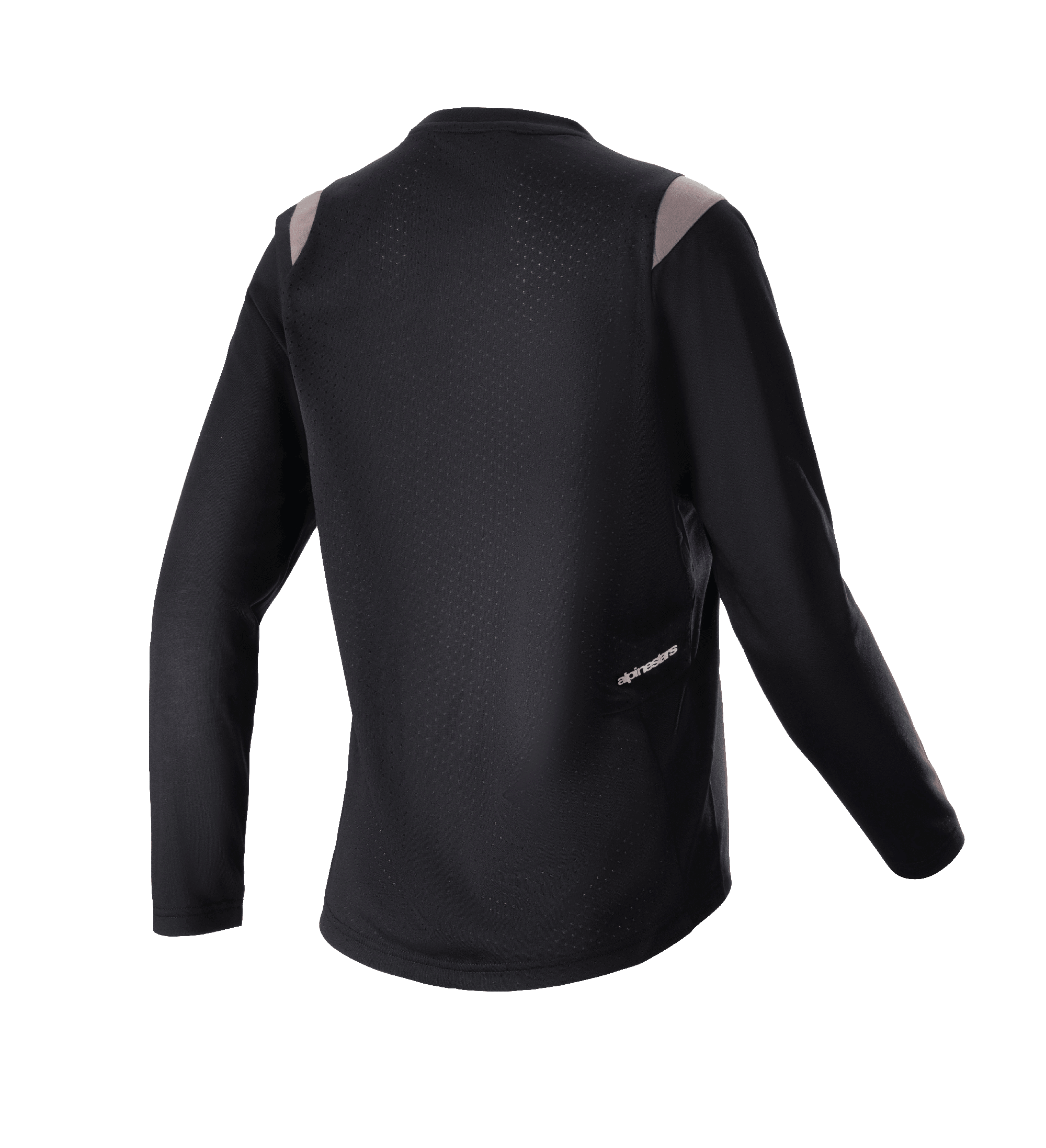Jersey Alpinestars Stella Alps Escape de manga larga para mujer, negro con detalles grises en los hombros, vista trasera que muestra el panel de malla perforada para ventilación y un pequeño logotipo de Alpinestars, equipamiento de ciclismo de montaña