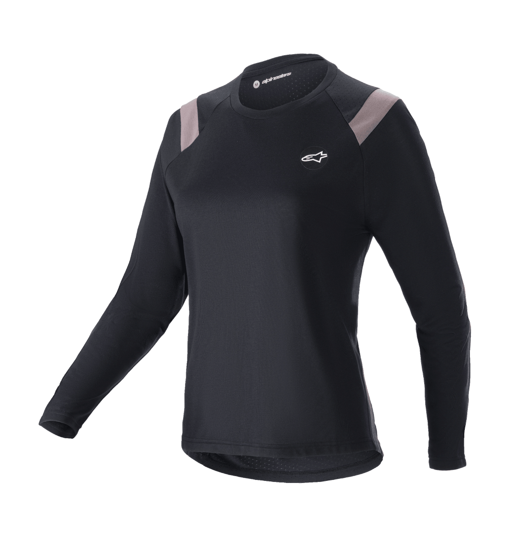 Alpinestars Stella Alps Escape Jersey, camiseta de manga larga de MTB para mujer, negra con paneles gris claro en los hombros, cuello redondo, pequeño logotipo blanco en el pecho, ajuste deportivo de alto rendimiento