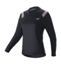 Alpinestars Stella Alps Escape Jersey, camiseta de manga larga de MTB para mujer, negra con paneles gris claro en los hombros, cuello redondo, pequeño logotipo blanco en el pecho, ajuste deportivo de alto rendimiento
