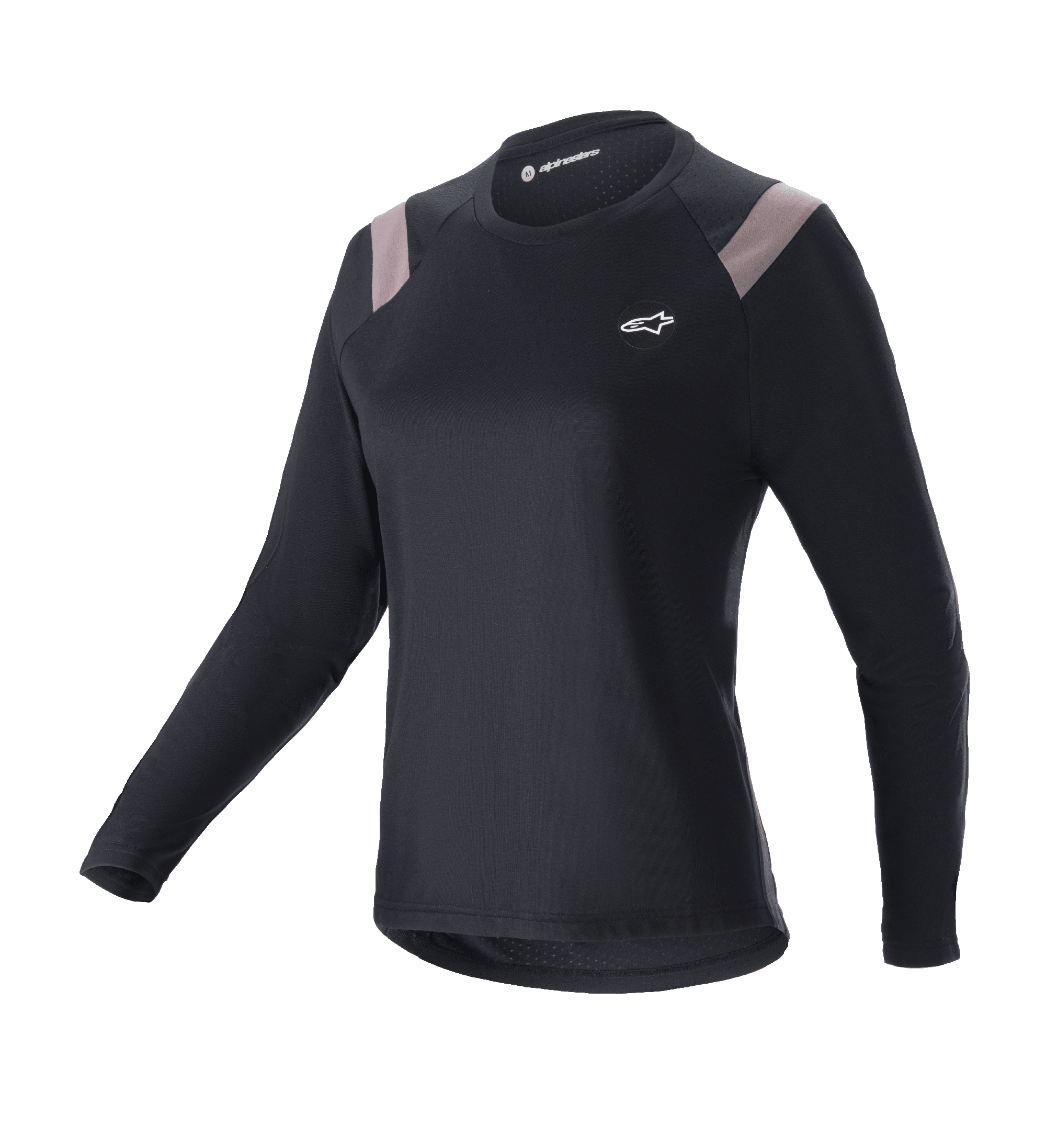 Alpinestars Stella Alps Escape Jersey, camiseta de manga larga de MTB para mujer, negra con paneles gris claro en los hombros, cuello redondo, pequeño logotipo blanco en el pecho, ajuste deportivo de alto rendimiento