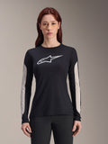 Alpinestars Stella A-Dura Dri Astar Jersey para mujer, camiseta de manga larga para ciclismo de montaña, negra con logotipo blanco y paneles de malla gris claro en las mangas, ropa de ciclismo de alto rendimiento para mujer