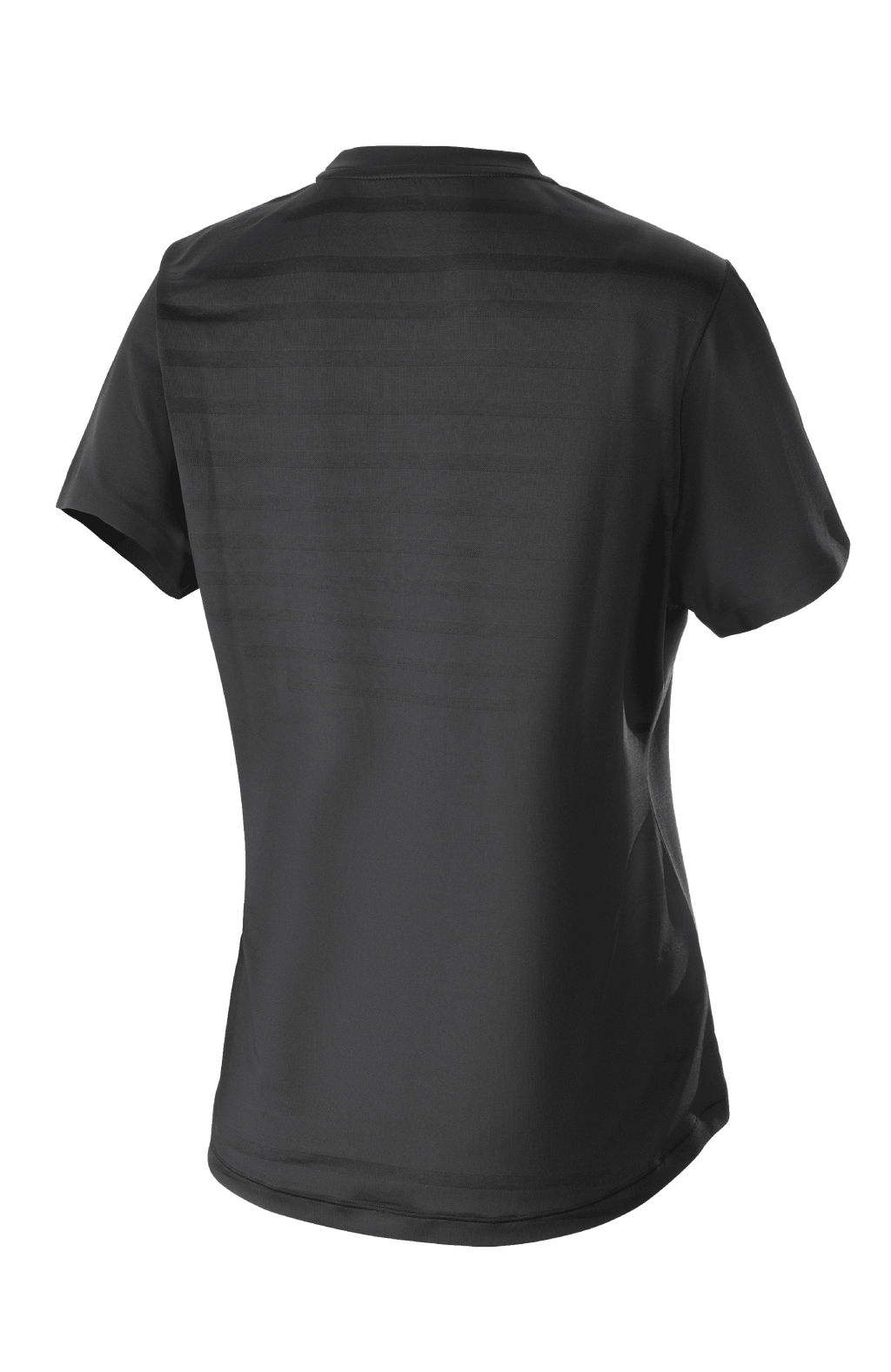 Alpinestars Stella Alps Constellation Jersey para mujer, jersey de MTB de manga corta, negro, vista posterior con patrón de rayas de malla técnica y parte trasera extendida para mayor cobertura al pedalear
