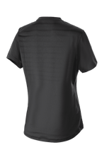 Alpinestars Stella Alps Constellation Jersey para mujer, jersey de MTB de manga corta, negro, vista posterior con patrón de rayas de malla técnica y parte trasera extendida para mayor cobertura al pedalear