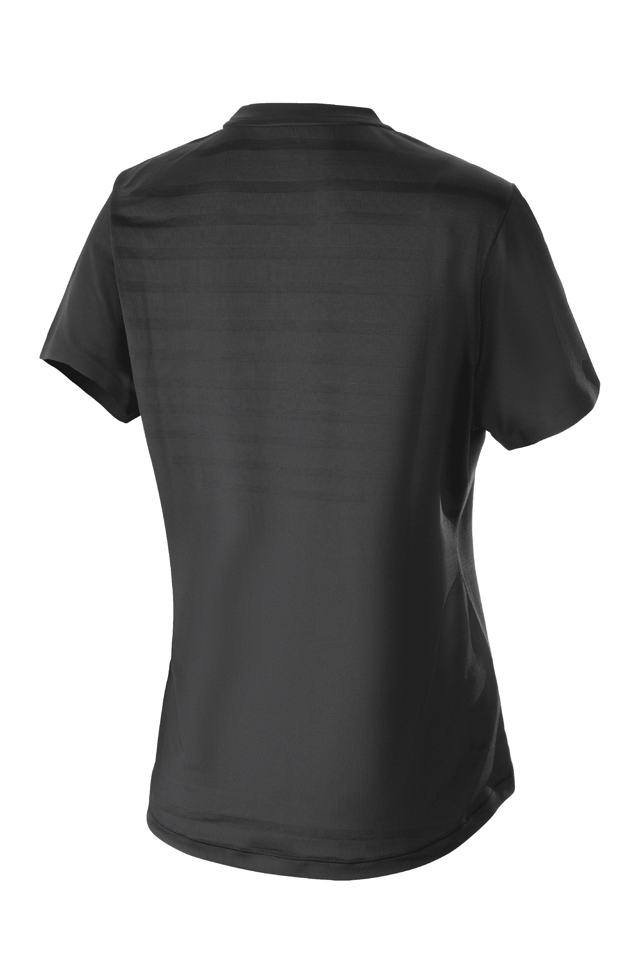 Alpinestars Stella Alps Constellation Jersey para mujer, jersey de MTB de manga corta, negro, vista posterior con patrón de rayas de malla técnica y parte trasera extendida para mayor cobertura al pedalear