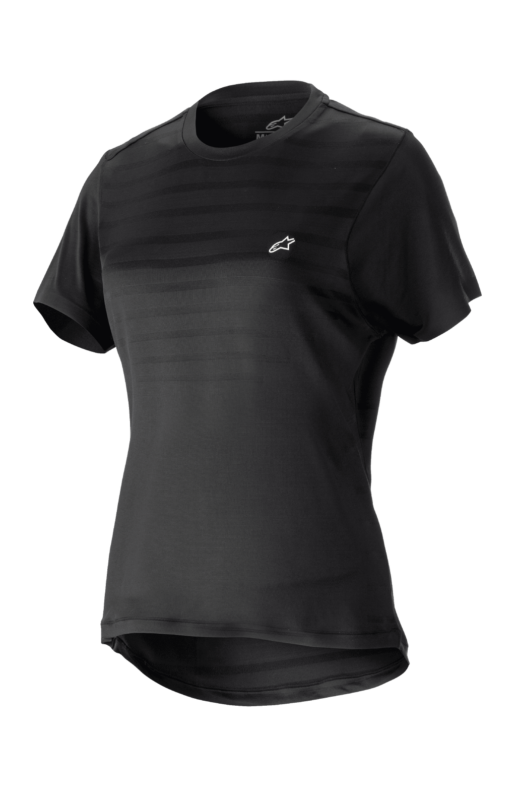 Alpinestars Stella Alps Constellation Jersey para mujer, camiseta de ciclismo de montaña de manga corta, negra con rayas horizontales sutiles en el pecho, logotipo blanco pequeño, cuello redondo, parte trasera alargada para mayor cobertura, tejido ligero y transpirable para MTB