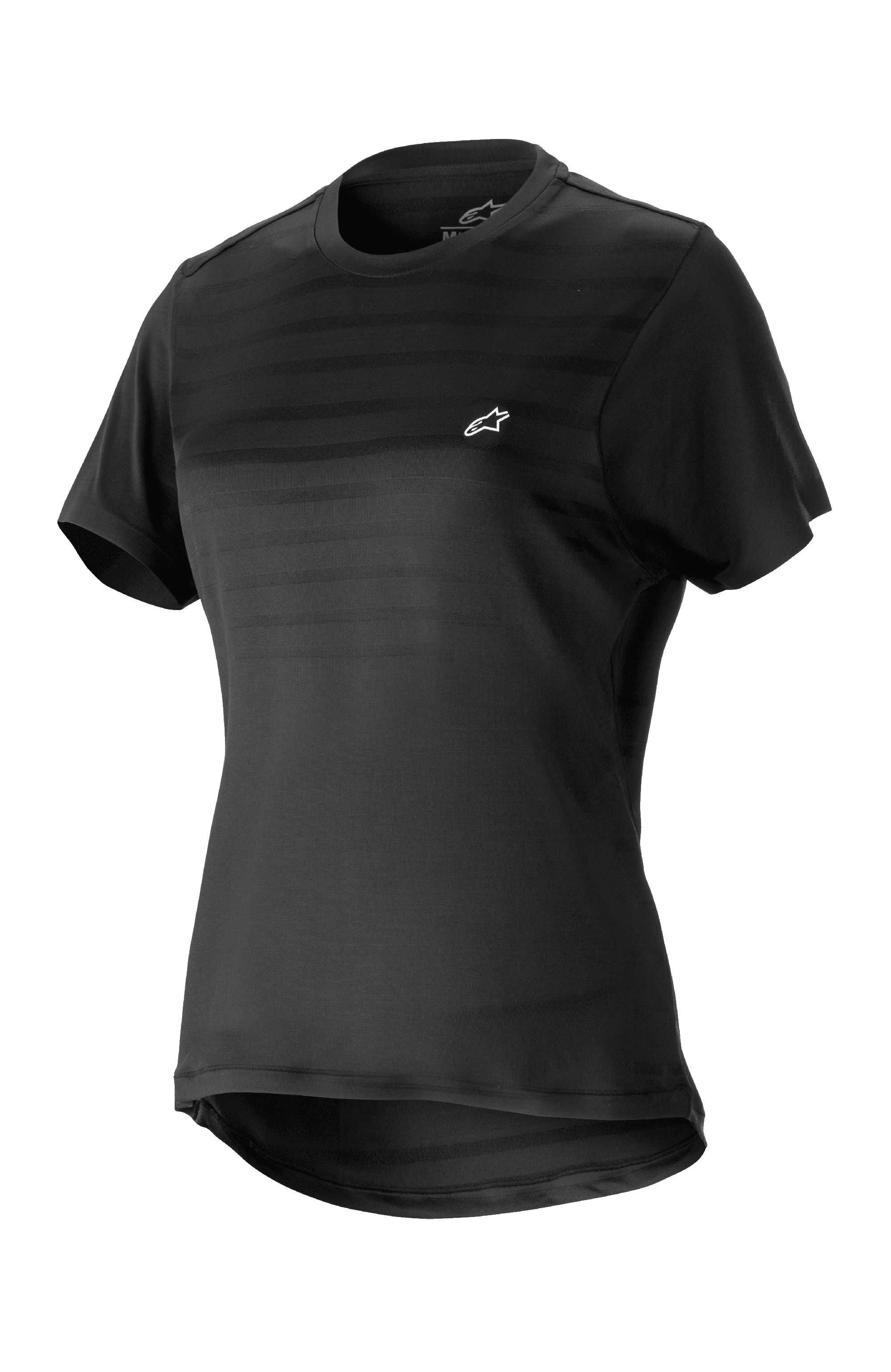 Alpinestars Stella Alps Constellation Jersey para mujer, camiseta de ciclismo de montaña de manga corta, negra con rayas horizontales sutiles en el pecho, logotipo blanco pequeño, cuello redondo, parte trasera alargada para mayor cobertura, tejido ligero y transpirable para MTB