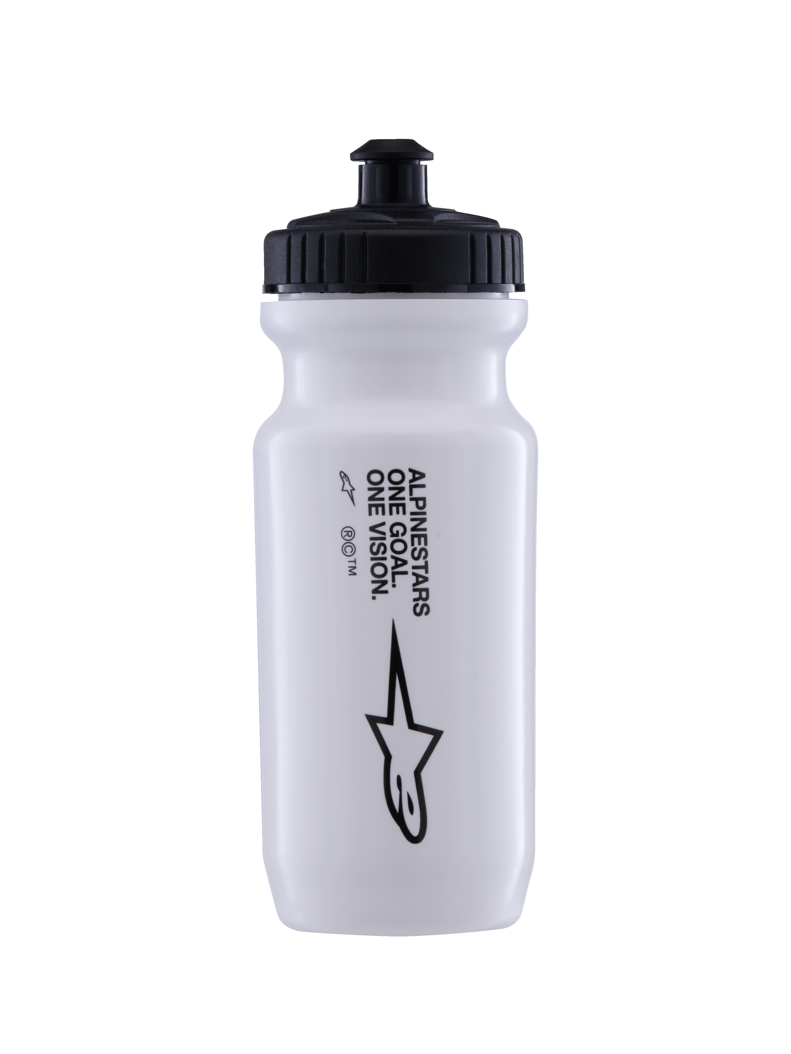 Alpinestars Water Bottle Ogov 20Oz, White with Black Cap, featuring 'One Goal One Vision' text and Alpinestars logo, push-pull spout, cylindrical squeeze design for cycling hydration
