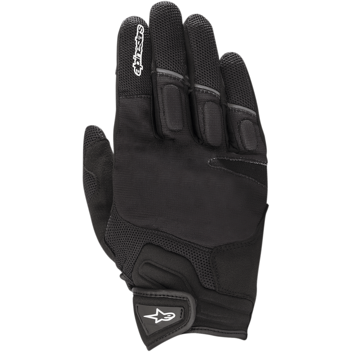 Alpinestars Atom Gloves, guantes de moto negros, con paneles de malla para transpirabilidad, confección en tejido elástico, protección acolchada en los nudillos y cierre de velcro en la muñeca con un logo de estrella blanco