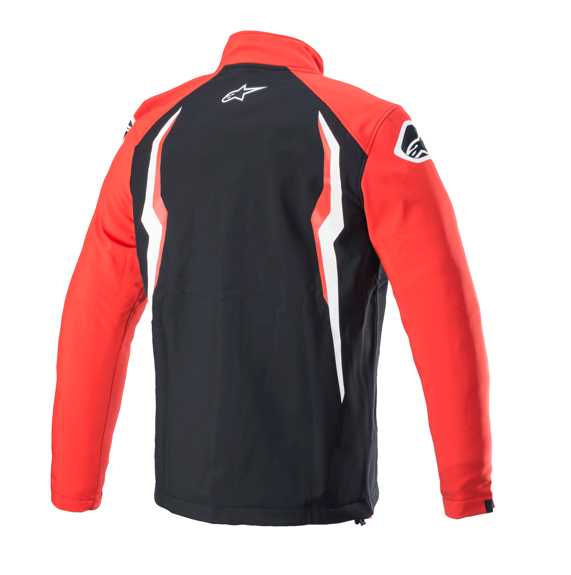 Chaqueta softshell Honda de Alpinestars, roja y negra, vista posterior con panel central negro y mangas rojas, con gráficos en contraste blancos y rojos, logotipo de Alpinestars en el cuello y el hombro, diseño softshell deportivo inspirado en el automovilismo