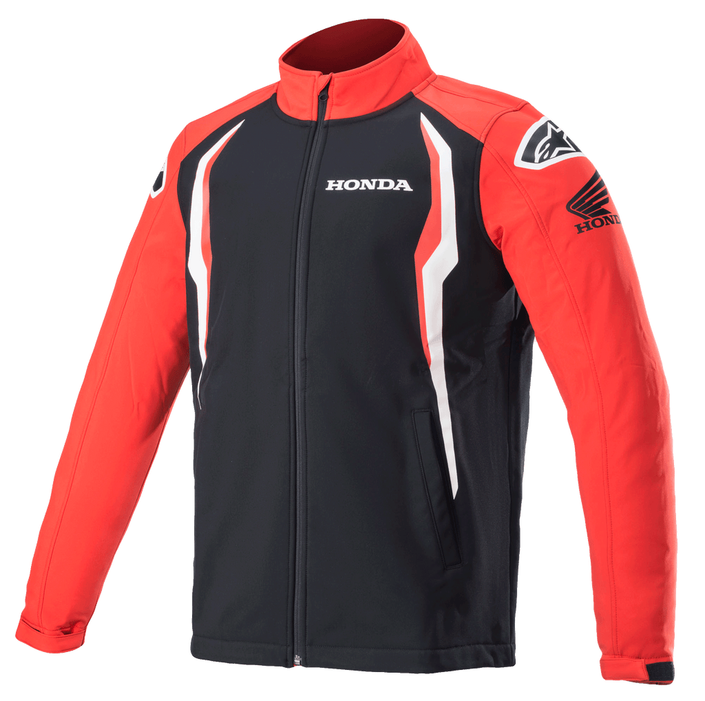 Chaqueta Alpinestars Honda Softshell, chaqueta deportiva, roja y negra con detalles blancos, paneles en contraste, cuello alto tipo pista con cremallera frontal, logotipos de Honda y Alpinestars en el pecho y los hombros, ropa de estilo de vida inspirada en el automovilismo