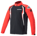 Chaqueta Alpinestars Honda Softshell, chaqueta deportiva, roja y negra con detalles blancos, paneles en contraste, cuello alto tipo pista con cremallera frontal, logotipos de Honda y Alpinestars en el pecho y los hombros, ropa de estilo de vida inspirada en el automovilismo