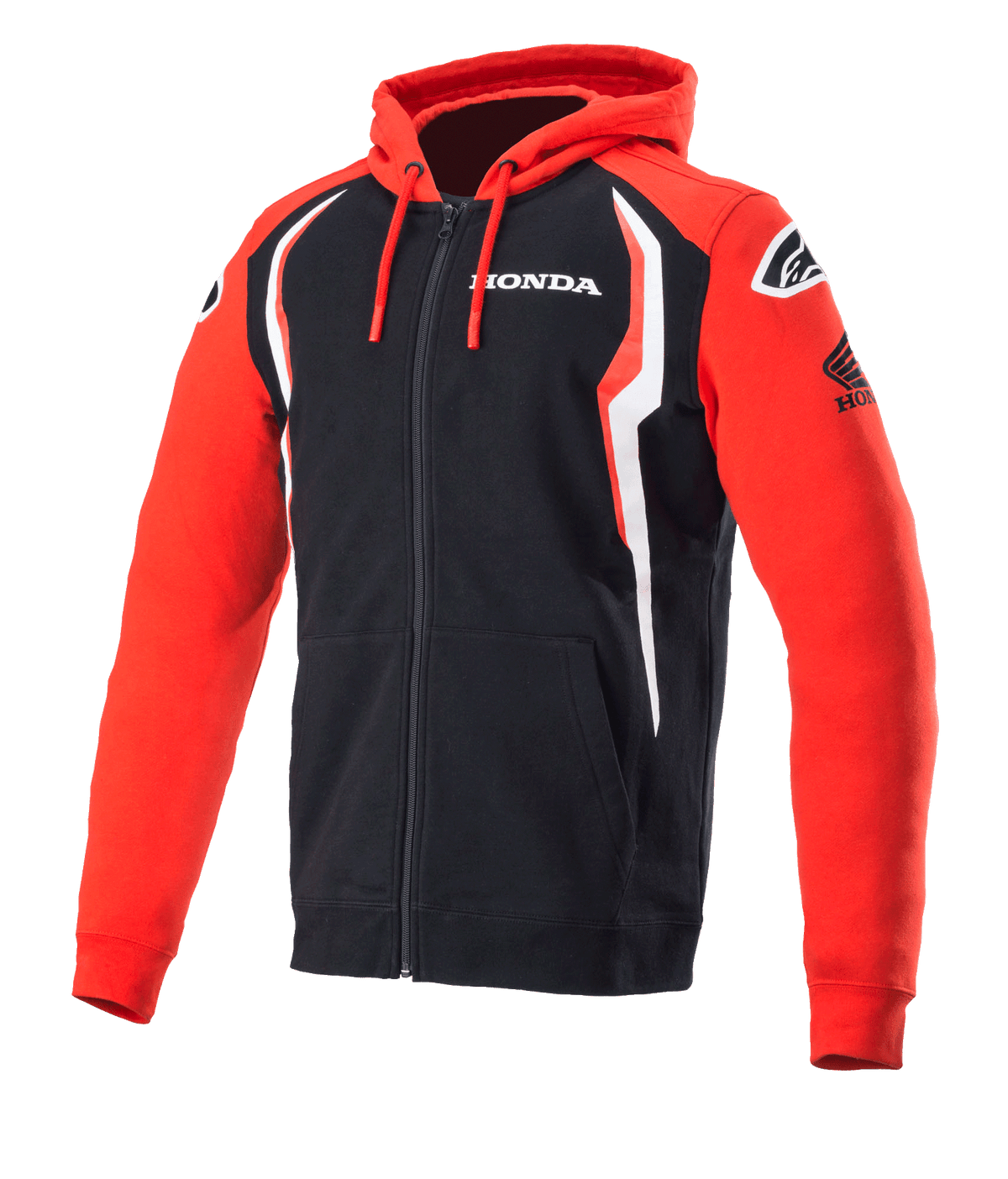 Alpinestars Honda Zip Hoodie, sudadera con capucha y cremallera completa, roja y negra con detalles en blanco, marca Honda en el pecho y la manga, logotipos de Alpinestars en los hombros, capucha con cordón, ropa casual de motorsport