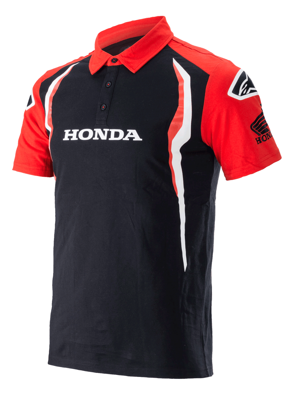 Alpinestars Honda Polo, Short Sleeve Polo Shirt, Black and Red, featuring a three-button placket, white Honda logo on the chest, Honda Wing logo on the sleeve, and vertical white and red side accents.