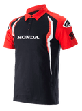 Alpinestars Honda Polo, Short Sleeve Polo Shirt, Black and Red, featuring a three-button placket, white Honda logo on the chest, Honda Wing logo on the sleeve, and vertical white and red side accents.