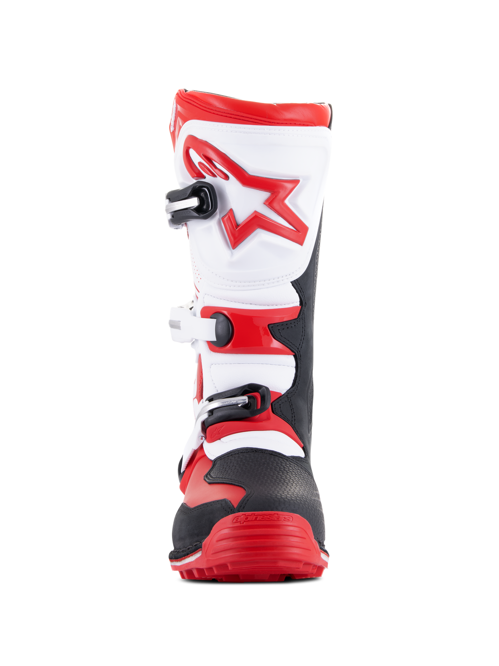 Botas Alpinestars Tech-T, botas de trial para motocicleta, rojo brillante, negro y blanco, vista frontal que presenta una placa de espinilla blanca ergonómica con el logo de una estrella roja, sistema de cierre de tres hebillas y una zona de la puntera robusta en negro y rojo, diseñadas para la práctica de trial todoterreno