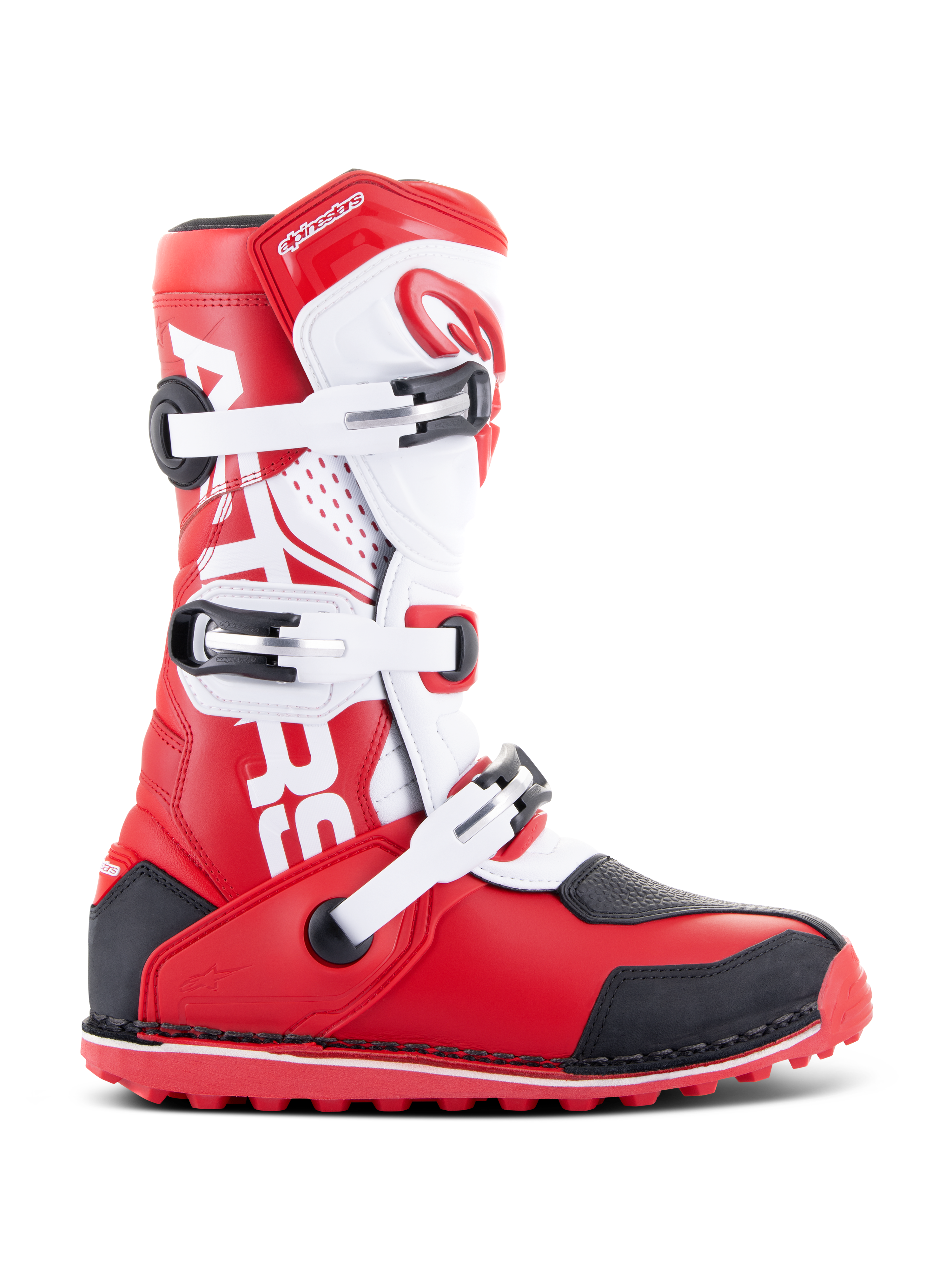 Botas Alpinestars Tech-T, botas de trial para moto, en color rojo brillante, negro y blanco, con tres hebillas ajustables, espinillera ergonómica y suela roja texturizada para rendimiento en trial todoterreno