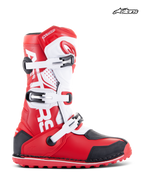 Alpinestars Botas Tech-T, botas de moto para trials y off-road, rojas, blancas y negras, con cierre de tres hebillas y construcción de cuero