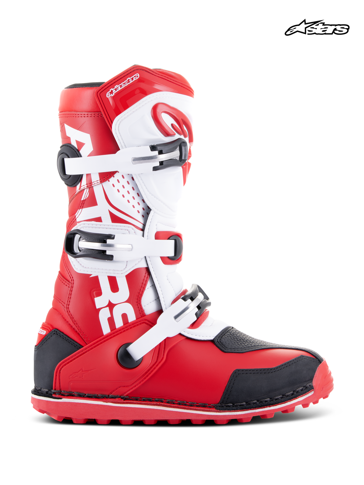 Alpinestars Botas Tech-T, botas de moto para trials y off-road, rojas, blancas y negras, con cierre de tres hebillas y construcción de cuero
