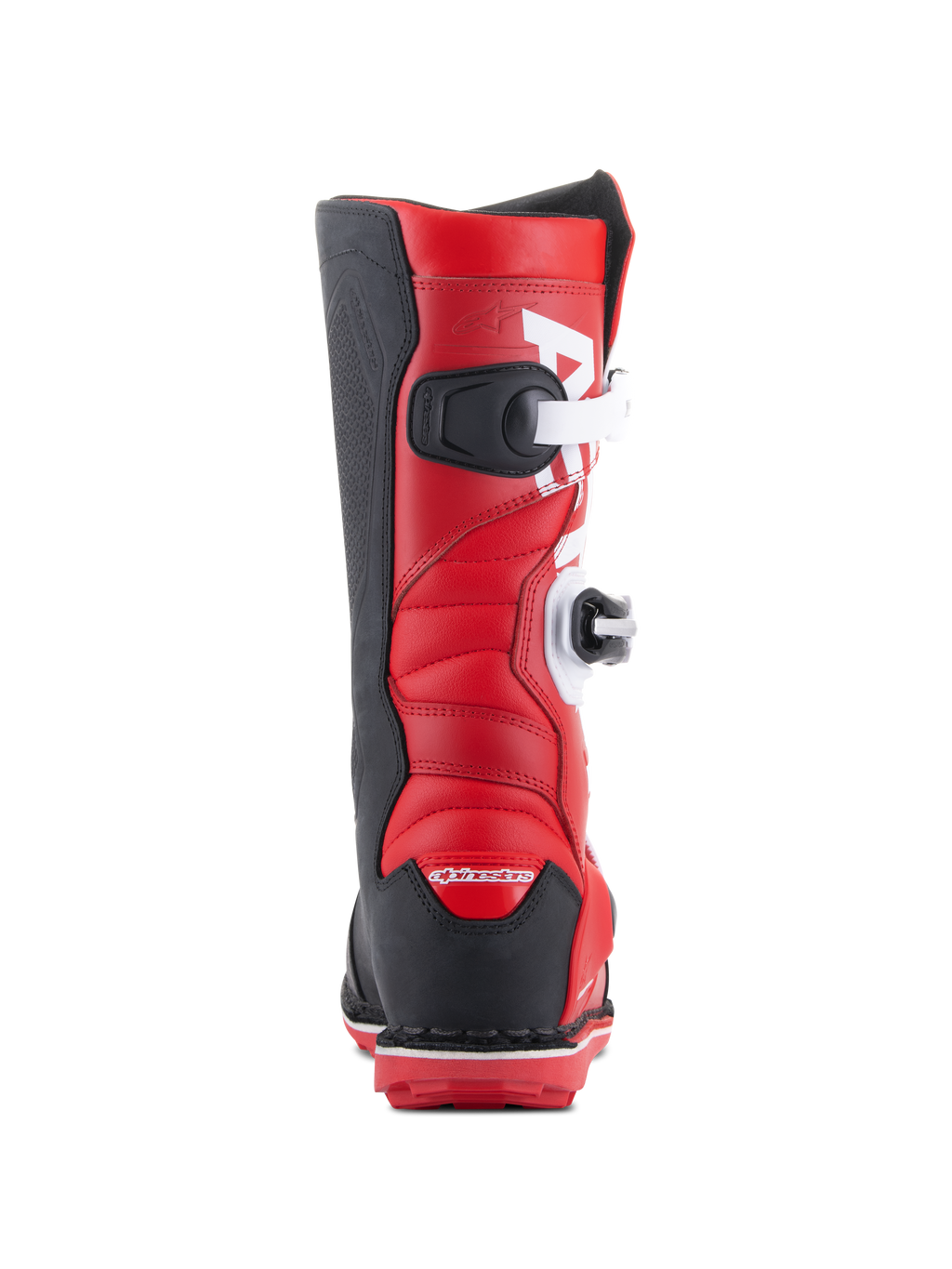 Botas Alpinestars Tech-T, botas de trial para motocicleta, rojo brillante, negro y blanco, vista trasera que muestra cierres de hebilla blancos, talón y paneles laterales negros, y parte superior de cuero rojo acolchado para conducción de trial todoterreno